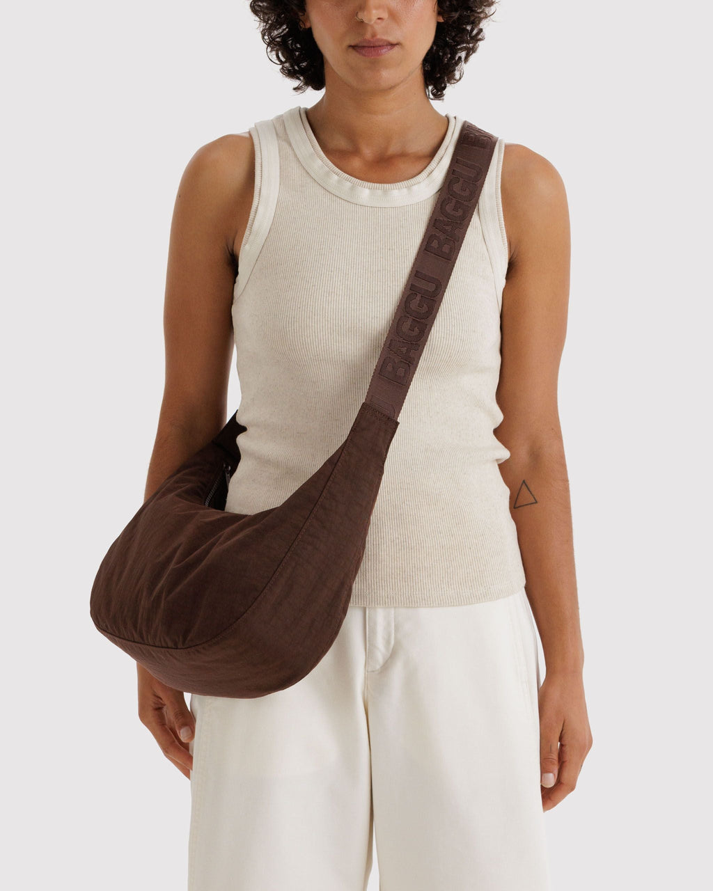 Medium Nylon Crescent Bag - Coffee